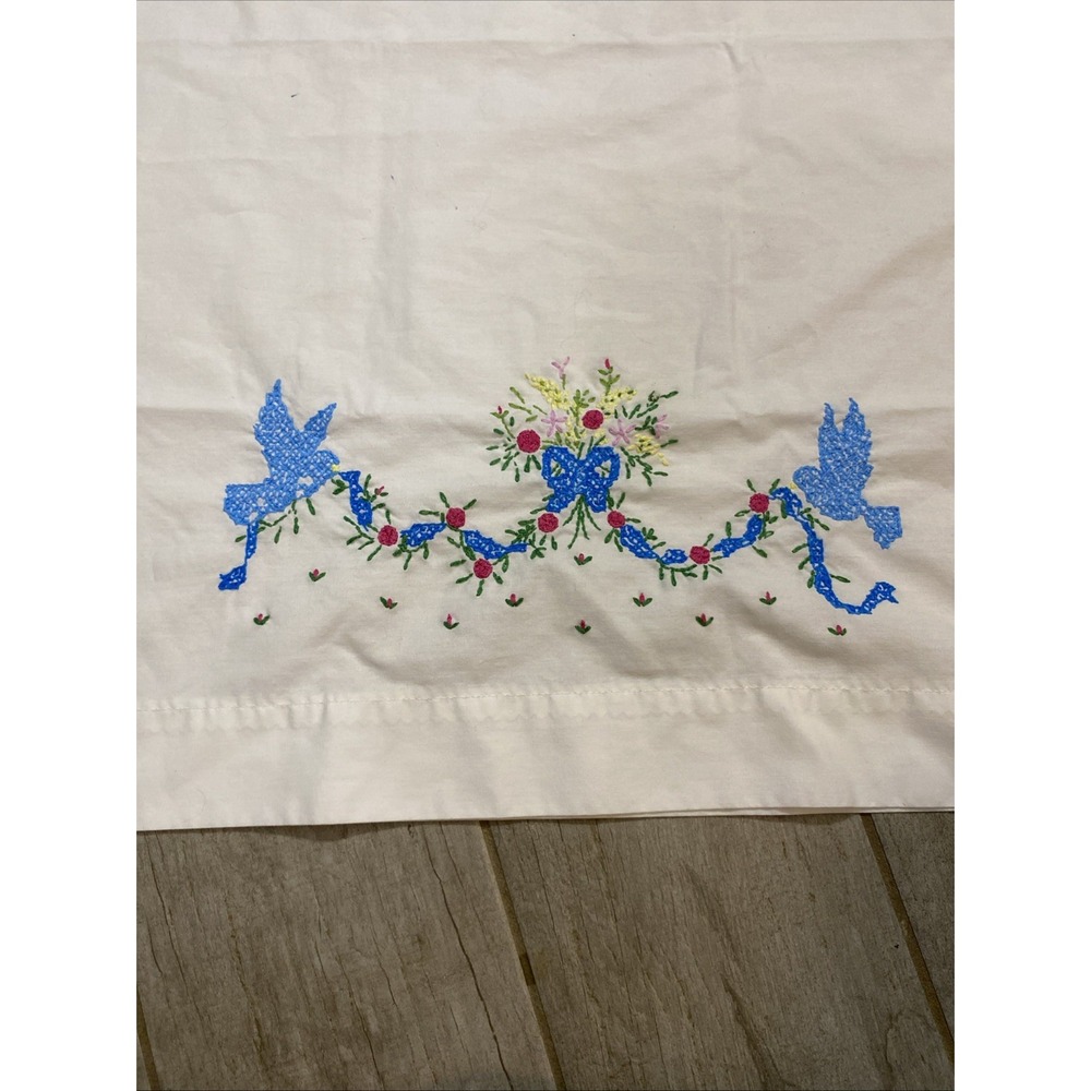 Embriodered Pillow Case Blue Birds Flowers